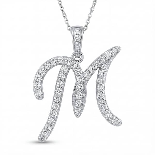 Script letter M pendant set with lab-grown diamonds on a white gold chain, from the Prestige Diamonds catalog