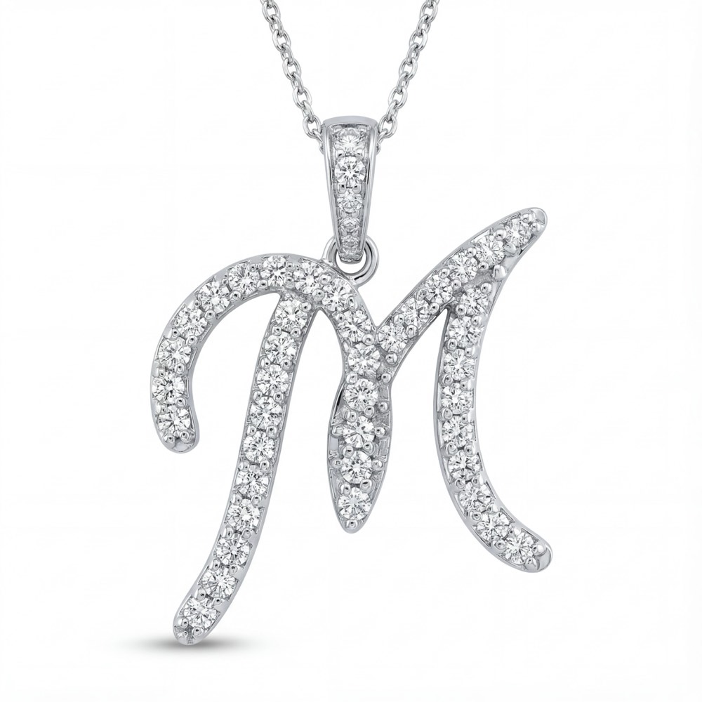 M initial pendant pavé-set with lab-grown diamonds in 14k white gold on a chain