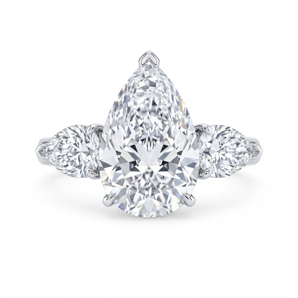 Lab-grown diamond ring with a pear-shaped center stone and two pear-shaped side stones, from the Prestige Diamonds catalog